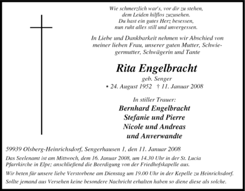  Traueranzeige für Rita Engelbracht vom 12.01.2008 aus Tageszeitung