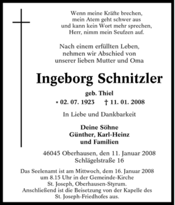 Traueranzeige von Ingeborg Schnitzler von Tageszeitung