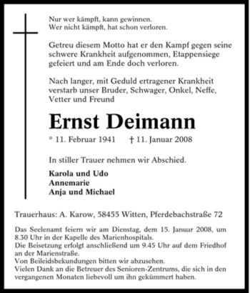 Traueranzeige von Ernst Deimann von Tageszeitung