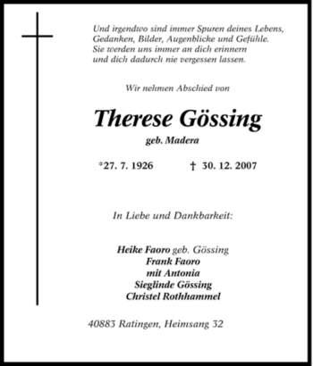 Traueranzeige von Therese Gössing von Tageszeitung