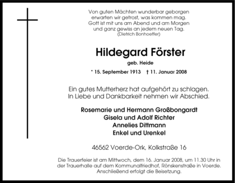  Traueranzeige für Hildegard Förster vom 12.01.2008 aus Tageszeitung