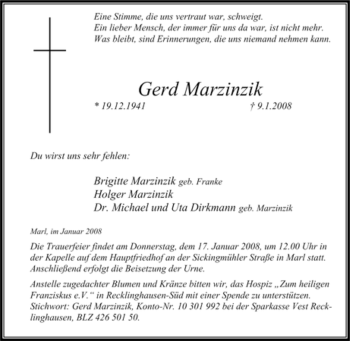 Traueranzeige von Gerd Marzinzik von Tageszeitung