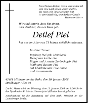 Traueranzeige von Detlef Piel von Tageszeitung