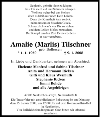 Traueranzeige von Amalie Tilschner von Tageszeitung