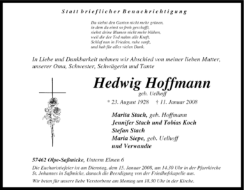 Traueranzeige von Hedwig Hoffmann von Tageszeitung