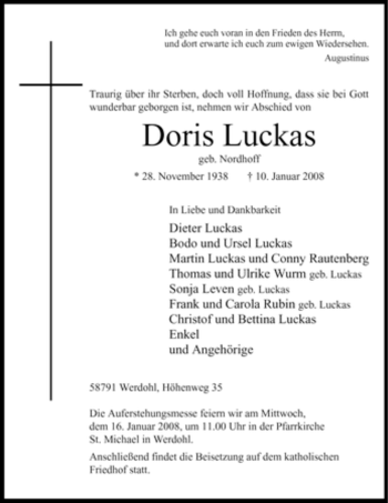 Traueranzeige von Doris Luckas von Tageszeitung