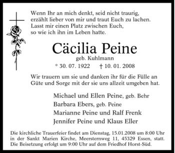 Traueranzeige von Cäcilia Peine von Tageszeitung