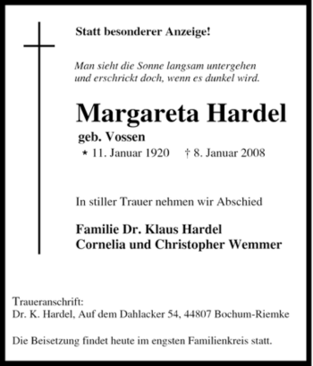Traueranzeige von Margareta Hardel von Tageszeitung