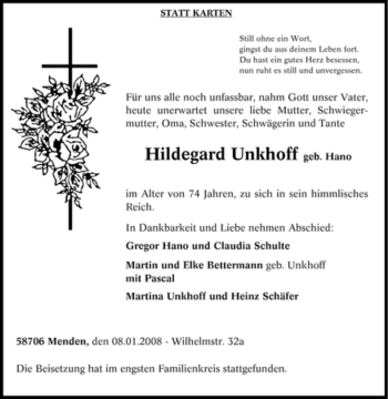Traueranzeige von Hildegard Unkhoff von Tageszeitung
