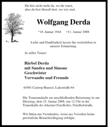 Traueranzeige von Wolfgang Derda von Tageszeitung