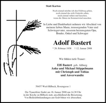 Traueranzeige von Adolf Bastert von Tageszeitung