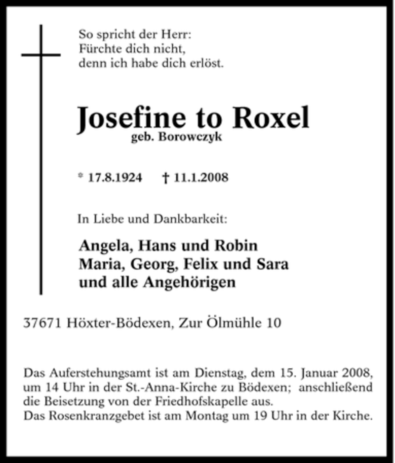  Traueranzeige für Josefine to Roxel vom 14.01.2008 aus Tageszeitung