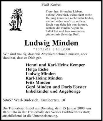 Traueranzeige von Ludwig Minden von Tageszeitung