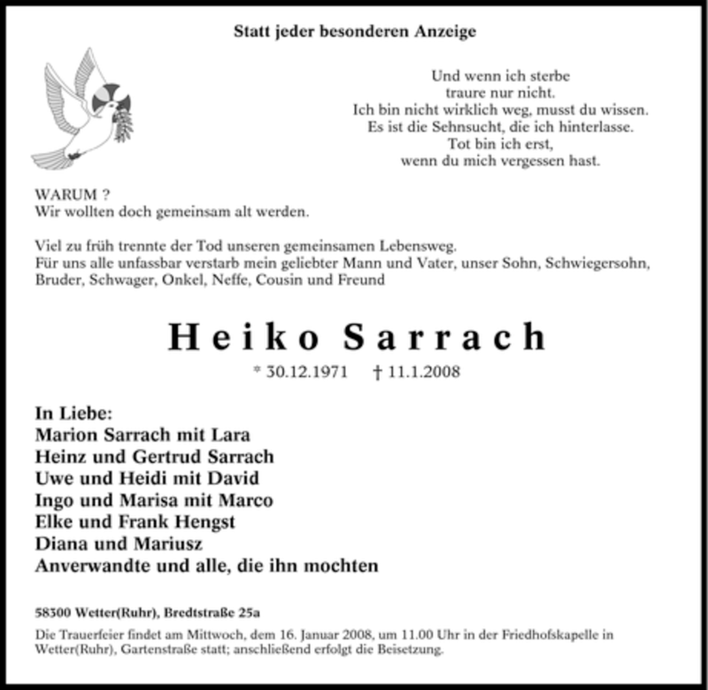  Traueranzeige für Heiko Sarrach vom 14.01.2008 aus Tageszeitung