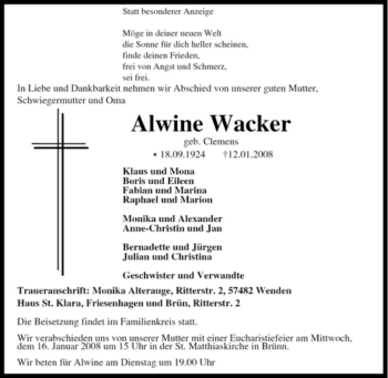 Traueranzeige von Alwine Wacker von Tageszeitung