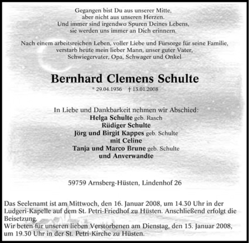  Traueranzeige für Bernhard Clemens Schulte vom 14.01.2008 aus Tageszeitung