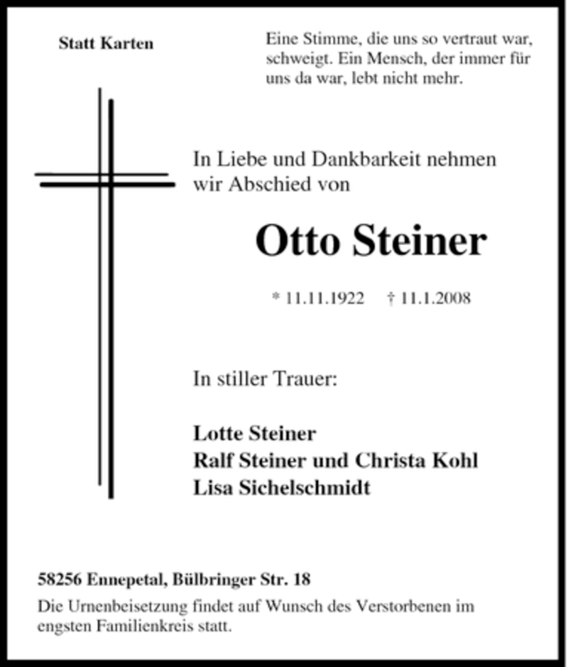 Traueranzeigen von Otto Steiner TrauerinNRW.de