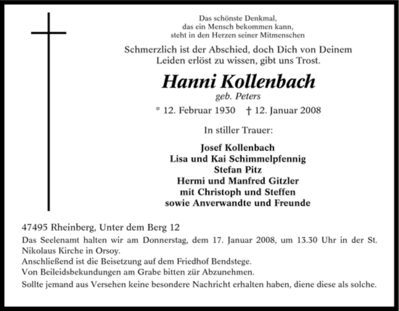  Traueranzeige für Hanni Kollenbach vom 14.01.2008 aus Tageszeitung