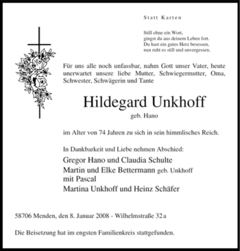 Traueranzeige von Hildegard Unkhoff von Tageszeitung
