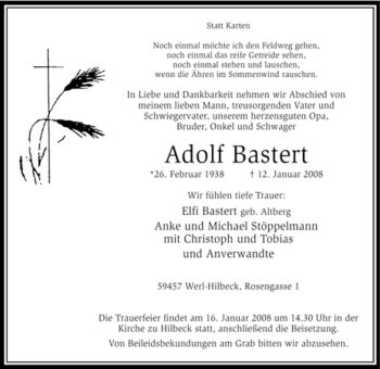 Traueranzeige von Adolf Bastert von Tageszeitung