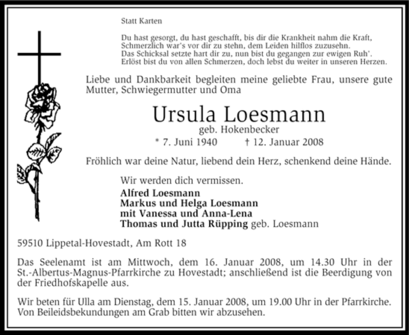  Traueranzeige für Ursula Loesmann vom 14.01.2008 aus Tageszeitung