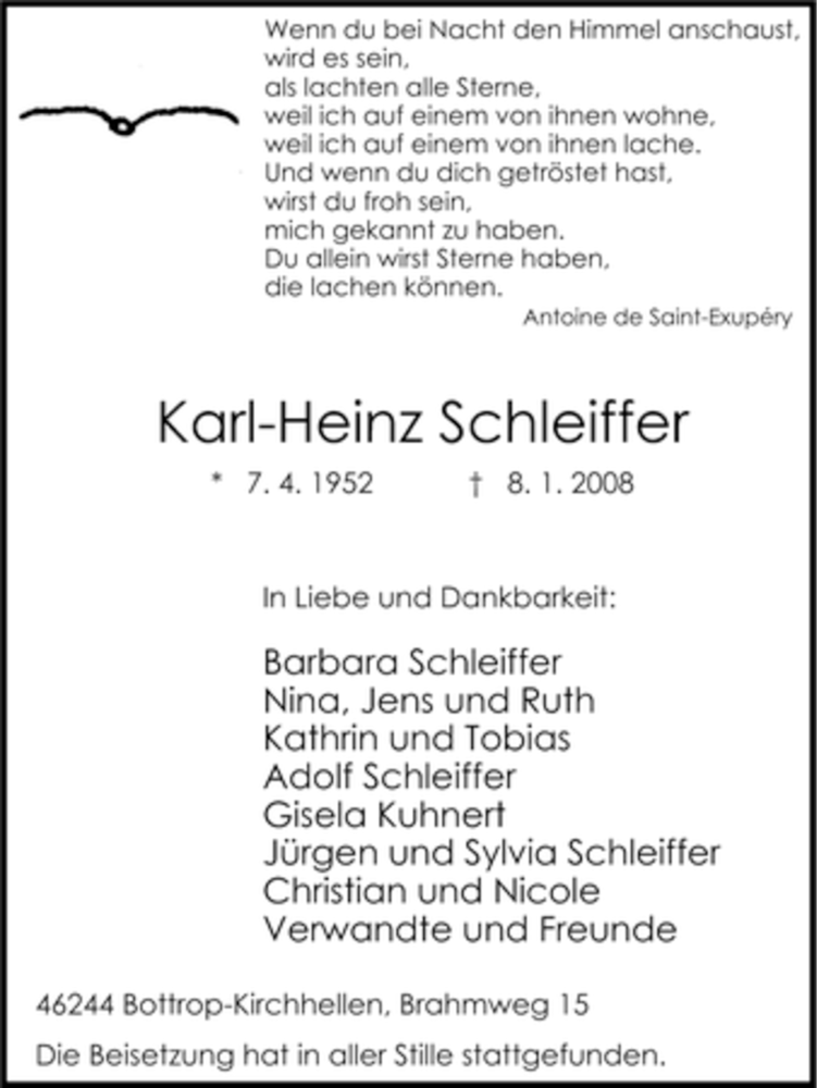  Traueranzeige für Karl-Heinz Schleiffer vom 15.01.2008 aus Tageszeitung