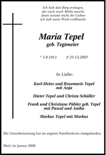Traueranzeige von Maria Tepel von Tageszeitung