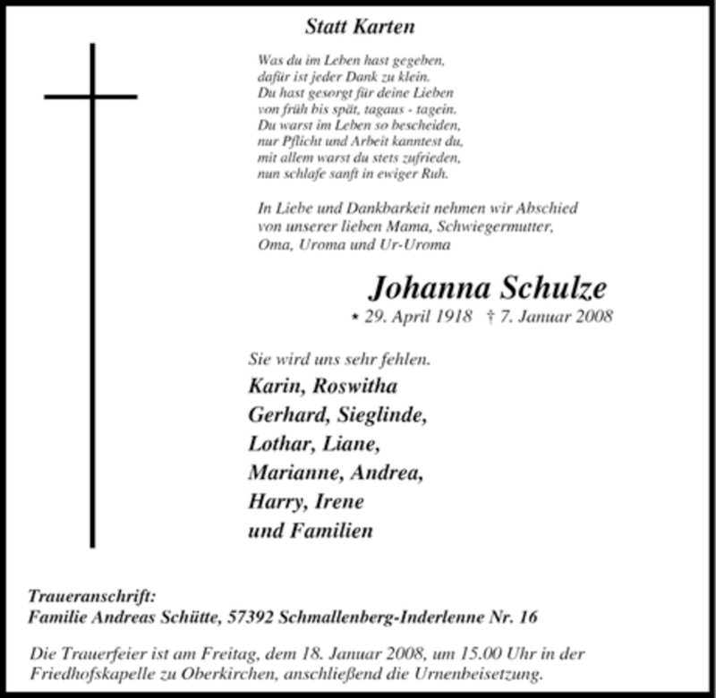  Traueranzeige für Johanna Schulze vom 15.01.2008 aus Tageszeitung