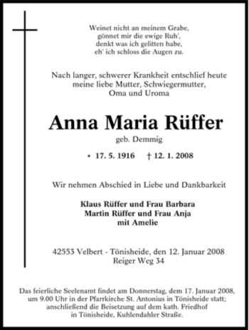 Traueranzeige von Anna Maria Rüffer von Tageszeitung