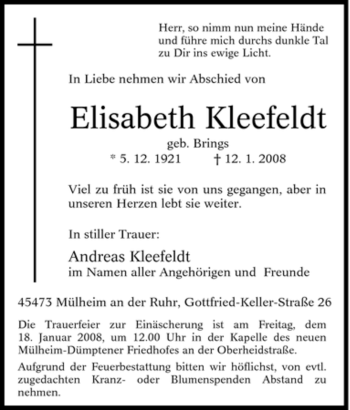 Traueranzeige von Elisabeth Kleefeldt von Tageszeitung