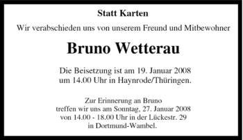 Traueranzeige von Bruno Wetterau von Tageszeitung