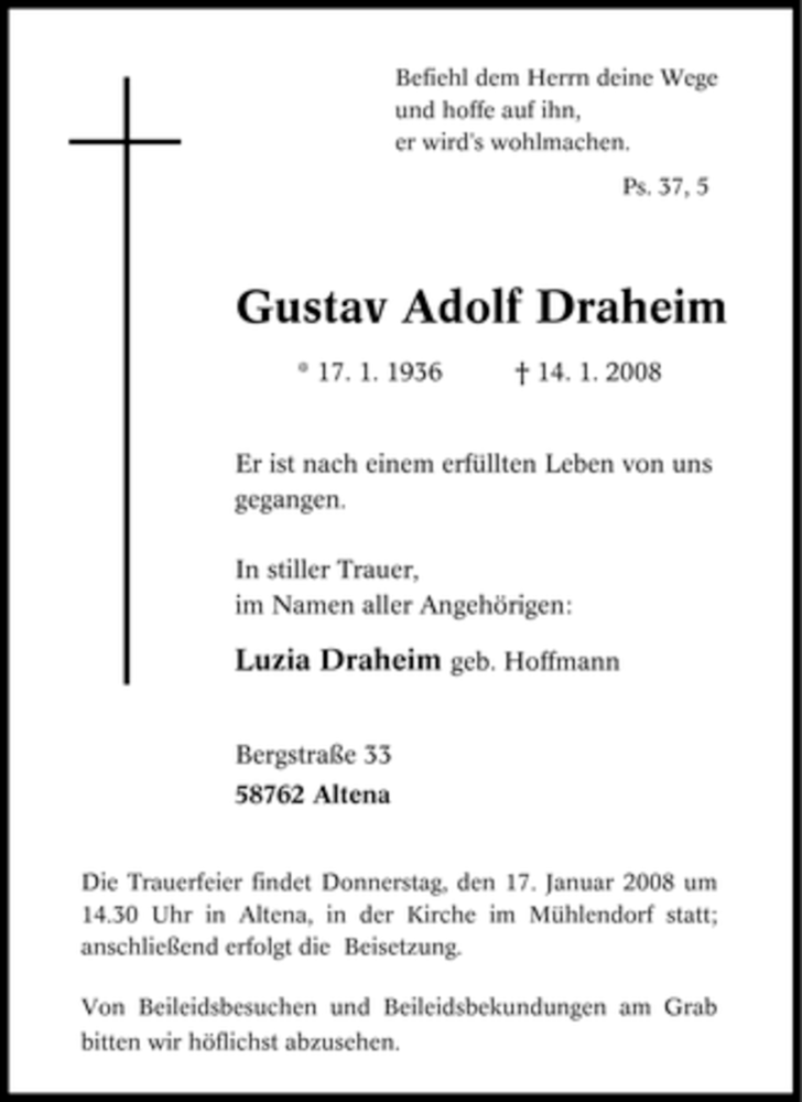  Traueranzeige für Gustav Adolf Draheim vom 15.01.2008 aus Tageszeitung