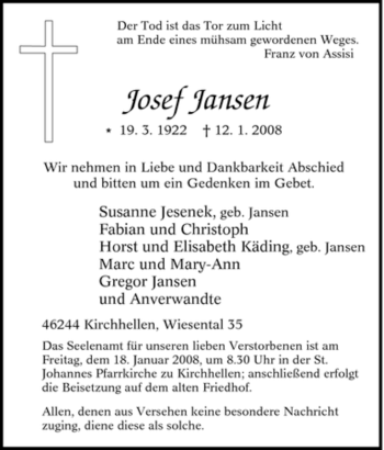 Traueranzeige von Josef Jansen von Tageszeitung