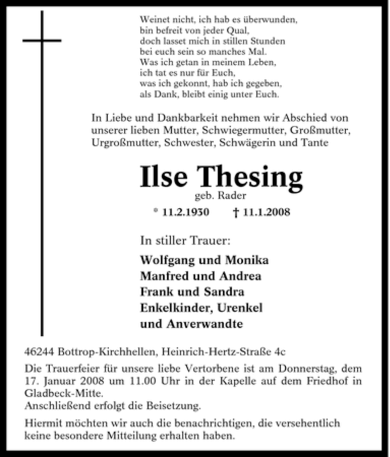  Traueranzeige für Ilse Thesing vom 15.01.2008 aus Tageszeitung