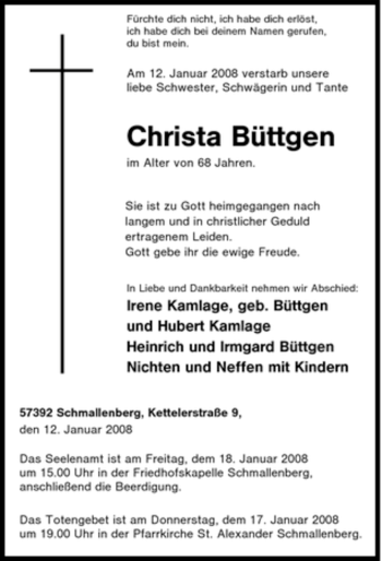 Traueranzeige von Christa Büttgen von Tageszeitung
