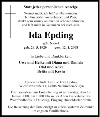 Traueranzeige von Ida Epding von Tageszeitung
