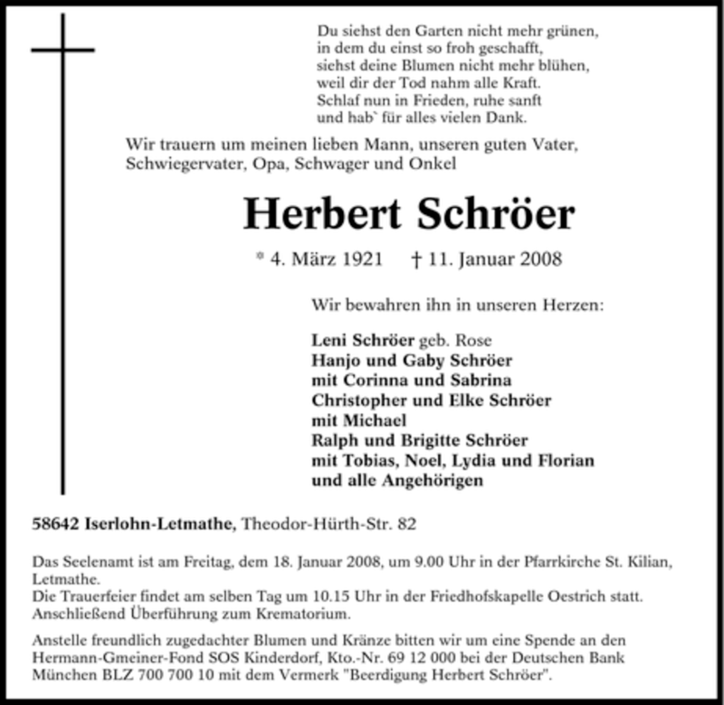  Traueranzeige für Herbert Schröer vom 15.01.2008 aus Tageszeitung