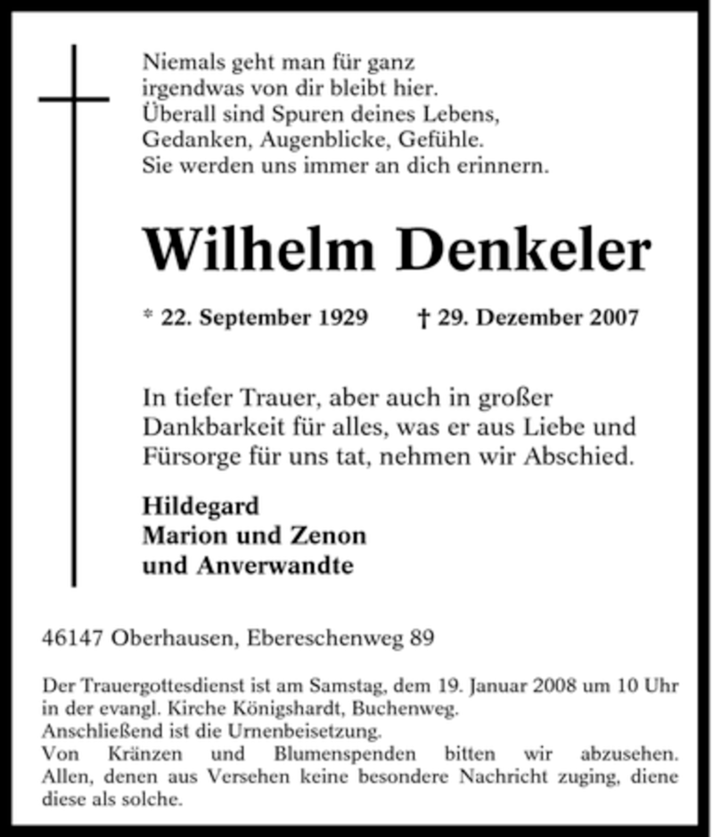  Traueranzeige für Wilhelm Denkeler vom 15.01.2008 aus Tageszeitung