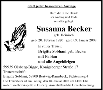 Traueranzeige von Susanna Becker von Tageszeitung