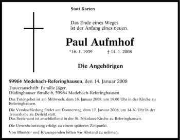 Traueranzeige von Paul Aufmhof von Tageszeitung