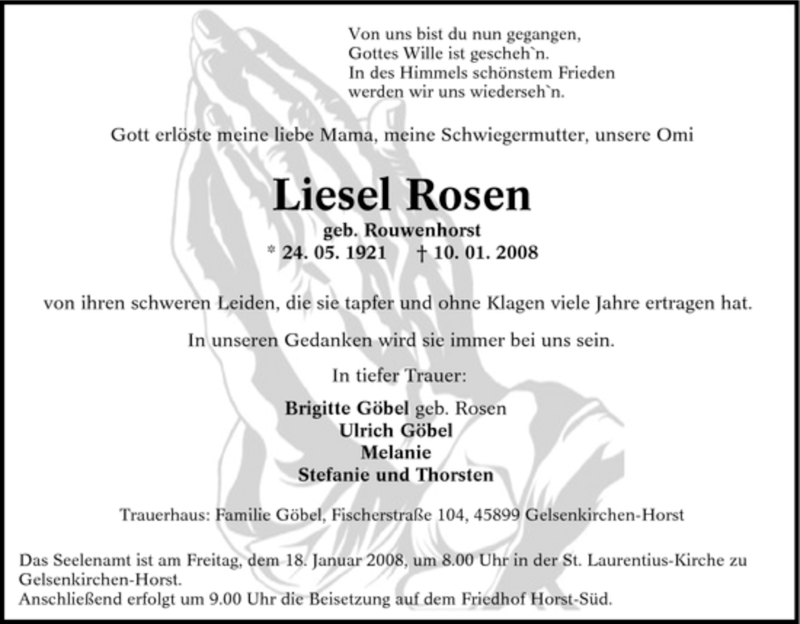 Traueranzeigen Von Liesel Rosen | Trauer-in-NRW.de