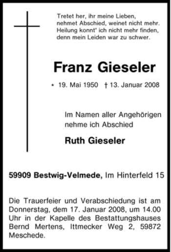 Traueranzeige von Franz Gieseler von Tageszeitung