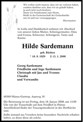 Traueranzeige von Hilde Sardemann von Tageszeitung
