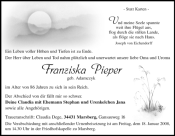 Traueranzeige von Franziska Pieper von Tageszeitung