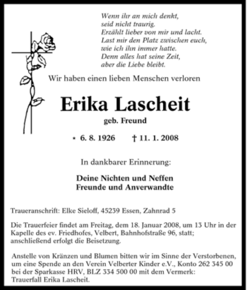 Traueranzeige von Erika Lascheit von Tageszeitung