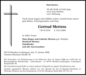 Traueranzeige von Gertrud Mertens von Tageszeitung