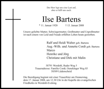 Traueranzeige von Ilse Bartens von Tageszeitung