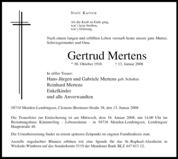 Traueranzeige von Gertrud Mertens von Tageszeitung