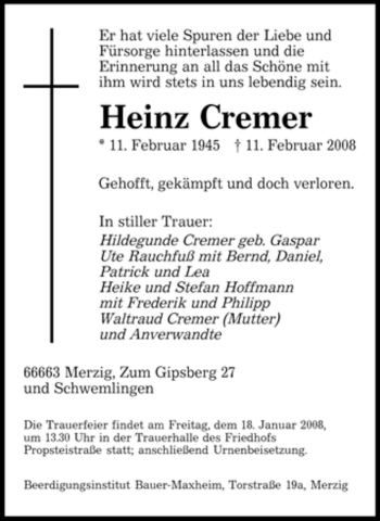 Traueranzeige von Heinz Cremer von Tageszeitung