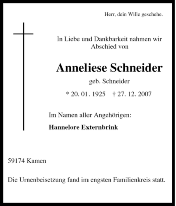 Traueranzeige von Anneliese Schneider von Tageszeitung